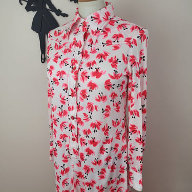 Vintage 1970's Pink Floral Dress / 70s Polyester Day Dress M 