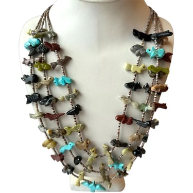 Vintage Native American Zuni Indian Multi-Stone Shell Triple-Strand Fetish Necklace turquoise, jasper and brown shell Heishi beads Southwest 