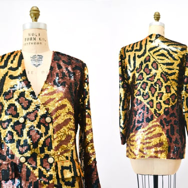 80s 90s Vintage Sequin Jacket Black Small Medium Leopard Cheetah Animal Pattern// 90s Metallic Gold Black Sequin Jacket French Collizioni 