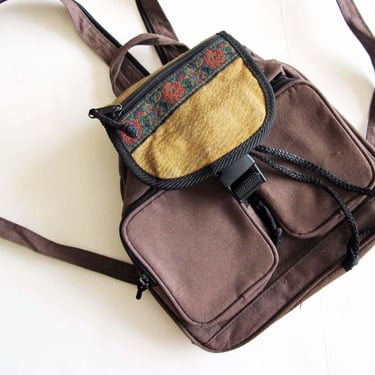 90s Mini Backpack - Vintage Small Backpack - Backpack Purse - Brown Suede Top Backpack - 90s Bag - Rucksack - Nylon Backpack Purse 