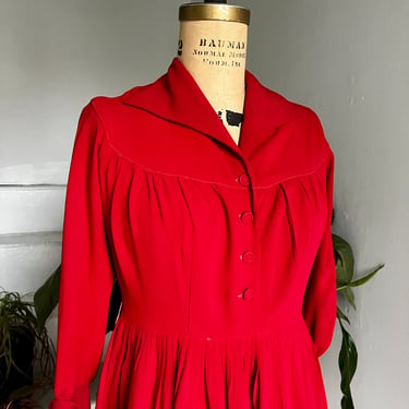 1940s Cherry Rayon Gab Shirt Day Dress 36 Bust Vintage 