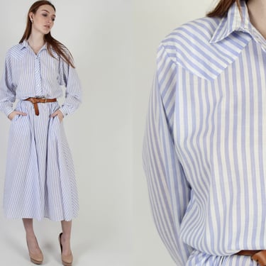 1980s Minimalist Wear To Work Shirt Dress, Skinny Vertical Striped Pocket Maxi 