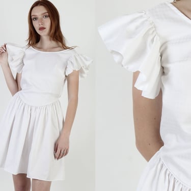 Vintage 80s Simple White Dress, Revealing Open Crossback Style, Plain Flutter Sleeve Full Skirt Mini Dress 