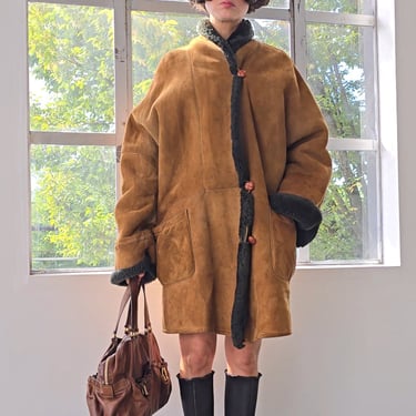 Olive Trimmed Soft Shearling Coat (S)