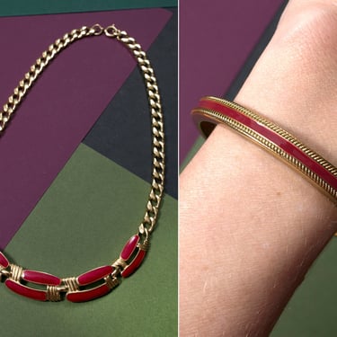 Chic Vintage 70s 80s Red & Gold Metal Necklace and Clamp Bracelet SET 