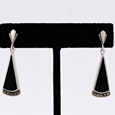60's Art Deco style 925 silver onyx marcasite dangle studs, architectural sterling pyrite earrings 