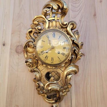 Antique Swedish Westerstrand Gold Rococo Carved Cartouche Wall Clock