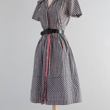 Adorable 1940's Cotton Gingham Day Dress With Red Accents / Small