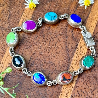 Sterling Silver Multi Gemstone Taxco Bracelet Vintage Mexico Colorful Stones 925 