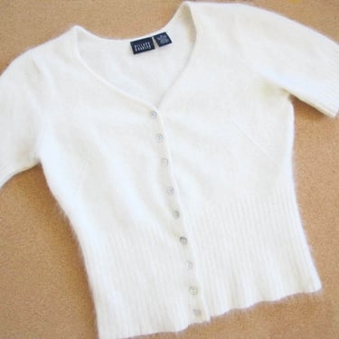 90s Fuzzy Angora Cardigan S M  - White Angora Knit Ribbed Cardigan Sweater - Grunge Cottagecore Fashion 