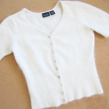 90s Fuzzy Angora Cardigan S M White Angora Knit Milk Teeths Long Beach CA