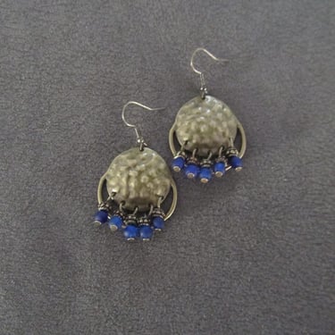 Royal blue frosted glass and hammered bronze chandelier earrings 