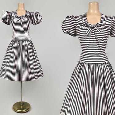 VINTAGE 40s Pink & Black Striped Day Dress With Bubble Sleeves by Dolly Myers | 1940s Cotton Button Back Dress With Belted Drop Waist | VFG 