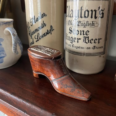 Antique Victorian Shoe Snuff Box Bone Carved & Copper Nailhead Inlay 