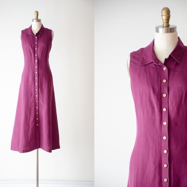 burgundy linen dress | 90s y2k vintage purple red sleeveless button down linen maxi dress 