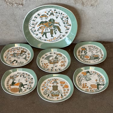 Set of 6 Mid Century Modern Luncheon Plates & 1 Platter - Made in Norway