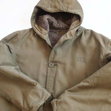 vintage USN jacket / N-1 deck jacket / 1940s WWII USN N1 deck jacket parka alpaca lined olive green jacket 38 Small 