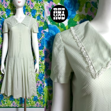 Too Cute Vintage 60s 70s Pastel Light Green Drop Waist Mod Dress with Dagger Collar 