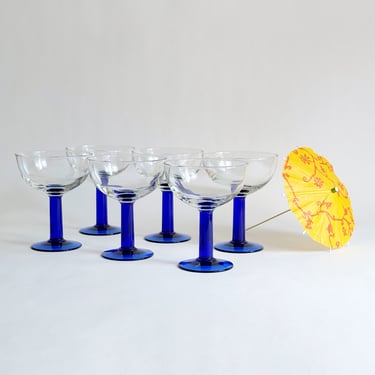 Postmodern Margarita/Coup Glasses, Cobalt Glass Stem, Set of 6, Vintage 1990's 