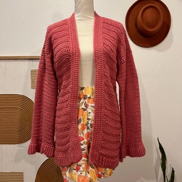 Pink Handmade Soft Knit Bell Sleeve Oversized Open Style Cardigan Sweater 