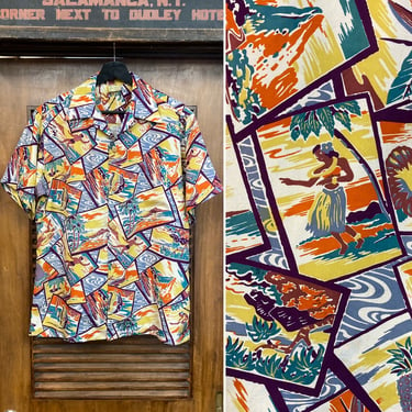 Vintage 1950’s “Hale Hawaii” Atomic Postcard Surfer x Hula Girl Silk Hawaiian Shirt, 50’s Vintage Clothing 