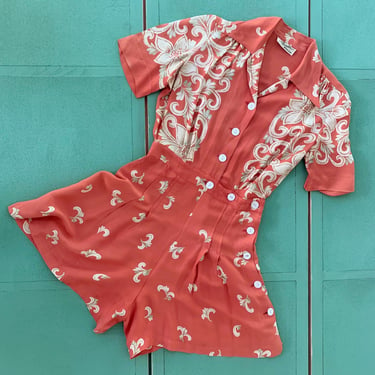 1940s Coral Rayon Playsuit/Romper - Size S