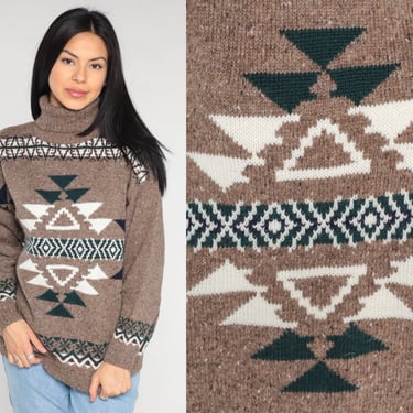 Southwestern Sweater 90s Brown Wool Turtleneck Pullover Knit Ski Sweater Retro White Green Geometric Fall Vintage 1990s Extra Large L XL 