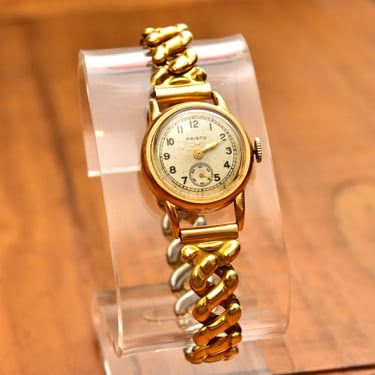 Vintage 1950's Aristo Solid 18K Ladies Swiss Wristwatch, 17 Jewel Automatic A. Michel 'Bidynator' Movement, GF Stretch Band, 4 1/2" L 