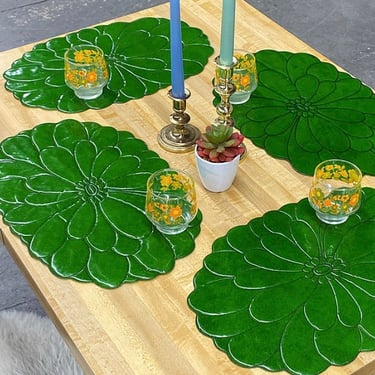 Vintage Placemats Retro 1960s Mid Century Modern + Green Vinyl + Oval + Flower Shape + Set of 4 + Kitchen Decor + Table Setting + MCM Dining 