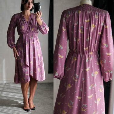 Vintage 70s HANAE MORI for HARRODS French Lilac Silk Wrap Dress w/ Butterfly Print | Made in France | 100% Silk | 1970s Designer Silk Dress 