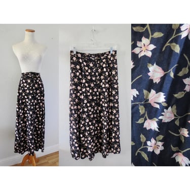 Vintage Floral Print Midi Skirt - 90s Rayon Button Up Front High Waisted Skirt - Size Medium 