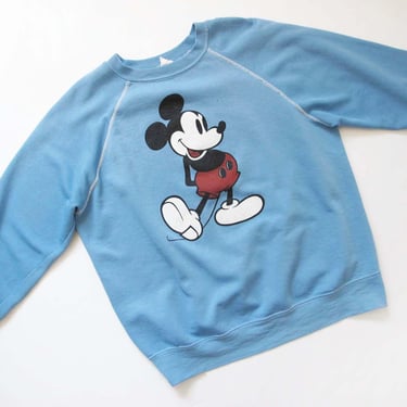 Vintage 70s Mickey Mouse Raglan Sweatshirt Large - Blue Soft Thin Worn In Crewneck Disney Pullover Sweater 