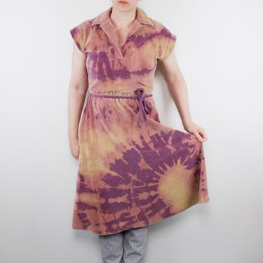Vintage 70s Velour Dress by Malouf of Dallas, Midi Length, Bleach Tie Dyed, Lavender Mauve Beige - Medium 