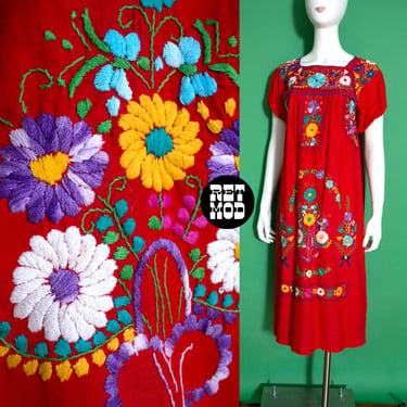 Beautiful Vintage Red Floral Embroidery Oaxacan Cotton Dress 