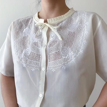 vintage blouse embroidered shirt eyelet floral minimalist top secretary blouse cream button down vintage shirt 80s size M 