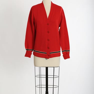 Vintage 50s red striped knit wool cardigan Varsity sweater 