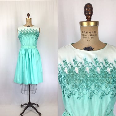 Vintage 50s dress | Vintage aqua embroidered day dress | 1950s fit and flare cotton dress 