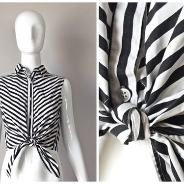 vtg 90s Prides Landing black + white striped sleeveless button down tie waist crop top | 1990s | size petite small | cropped stripes summer 