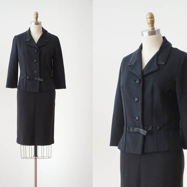 black wool knit suit | 60s vintage Mr. Sig black knit skirt jacket dark academia retro skirt suit 