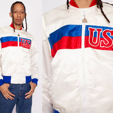 M-L| 80s USA Satin Starter Jacket - Men's Medium, Women's Large | Vintage Red White Blue Color Block Windbreaker Bomber 