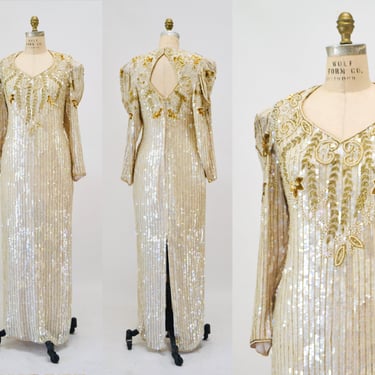 80s 90s Vintage Cream Sequin Beaded Gown Dress Medium Pageant Dress// 80s Vintage Wedding Gown Cream White Beaded Long Dress Sleeve Gown 