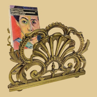 Vintage Book Stand Retro 1960s Art Nouveau Style + Gold Metal Frame + Ornate Detailing + Folds Flat + Book Storage and Display + Home Decor 