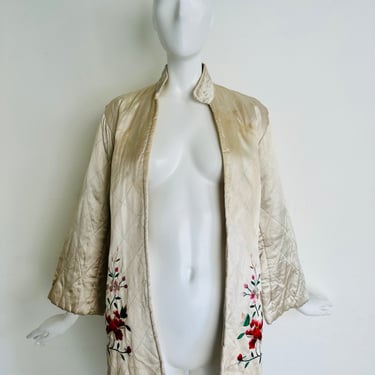 Vintage Ivory Satin Quilted Jacket with Chinese Floral Embroidery