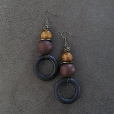 Mid century modern chunky natural wood Afrocentric dangle earrings 