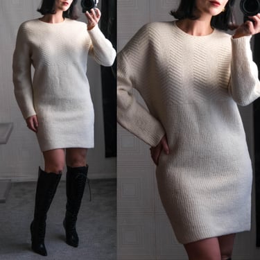 STELLA McCARTNEY Runway Documented Heavy Cream Chevron Waffle Knit Wool Dress | Made in Italy | 100% Wool | 2000s Y2K Designer Sweater Dress 