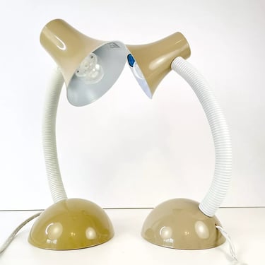 Set 2 Vintage Modern 80s / 90s Gooseneck Desk Lamps Tan & White Pair WORK