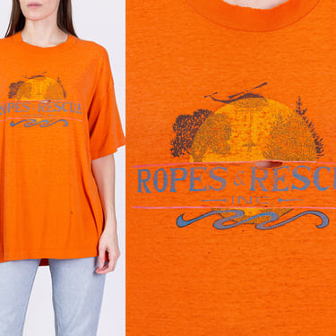 80s Ropes & Rescue Burnout Helicopter Tee - Men's XL, Women's XXL | Vintage Distressed Orange Graphic T Shirt 