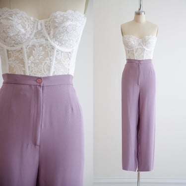 high waisted pants 90s y2k vintage pastel purple lavender silk straight leg trousers 