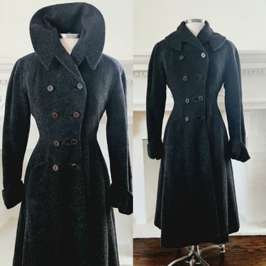40s 50s Gray Wool Princess Coat w-Shawl Collar & Double Breasted Closure - Small 