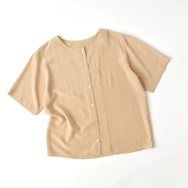 vintage beige silk shirt, 90s collarless blouse 